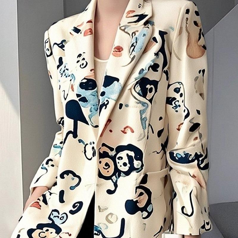 Beige Printed Fashion Blazer Spring Autumn New Stylish Casual Korean Style Coat