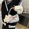 Cute Bowknot Print Shoulder Bag With Plush Pendant Crossbody Bag Handbag Girly Tote Commuter Bag  Women Underarm Bag Gift