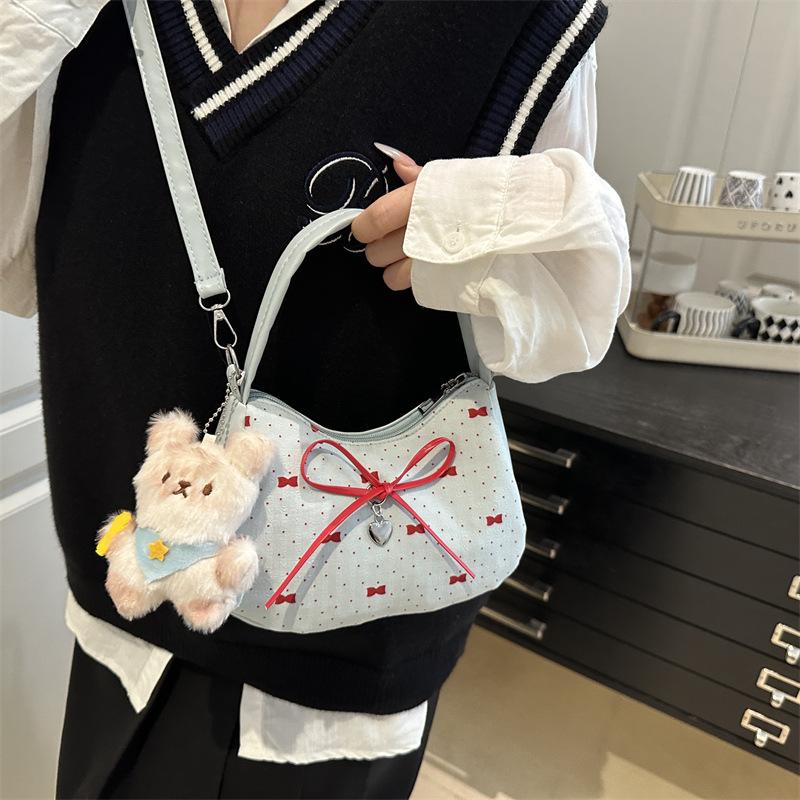 Cute Bowknot Print Shoulder Bag With Plush Pendant Crossbody Bag Handbag Girly Tote Commuter Bag Women Underarm Bag Gift