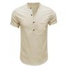 Men's Cross-Border Henley Shirt: European & American Style Cotton Linen Short-Sleeved Solid Color Pocket Shirt