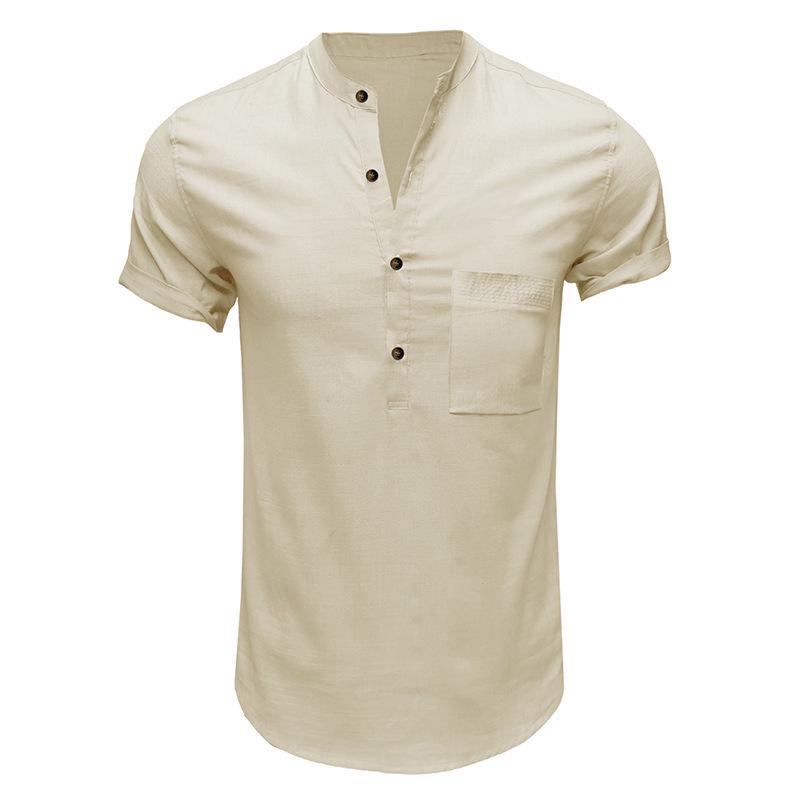 Men's Cross-Border Henley Shirt: European & American Style Cotton Linen Short-Sleeved Solid Color Pocket Shirt