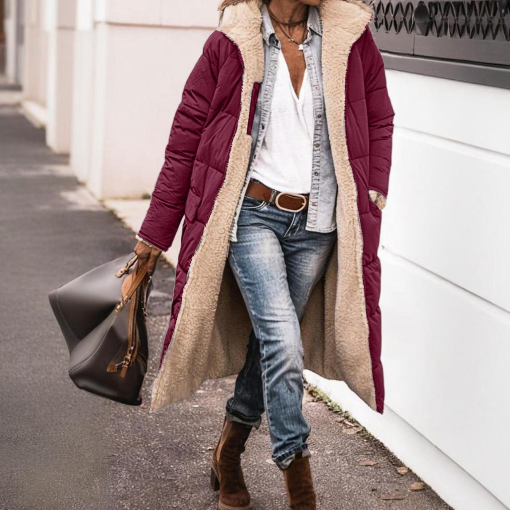 Women's Fashion Casual Warm Solid Color Hooded Cotton Jacket Long Sleeve Double-sided Slim Fit Temperament Cardigan Top Jacket