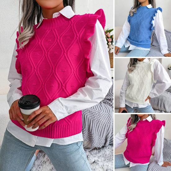 

Сплошной цвет с круглым вырезом и ромбовидным узором, свитер с манжетами и рюшами, женский свитер, жилет на осень-зиму, теплый трикотаж без рукавов M розы красного