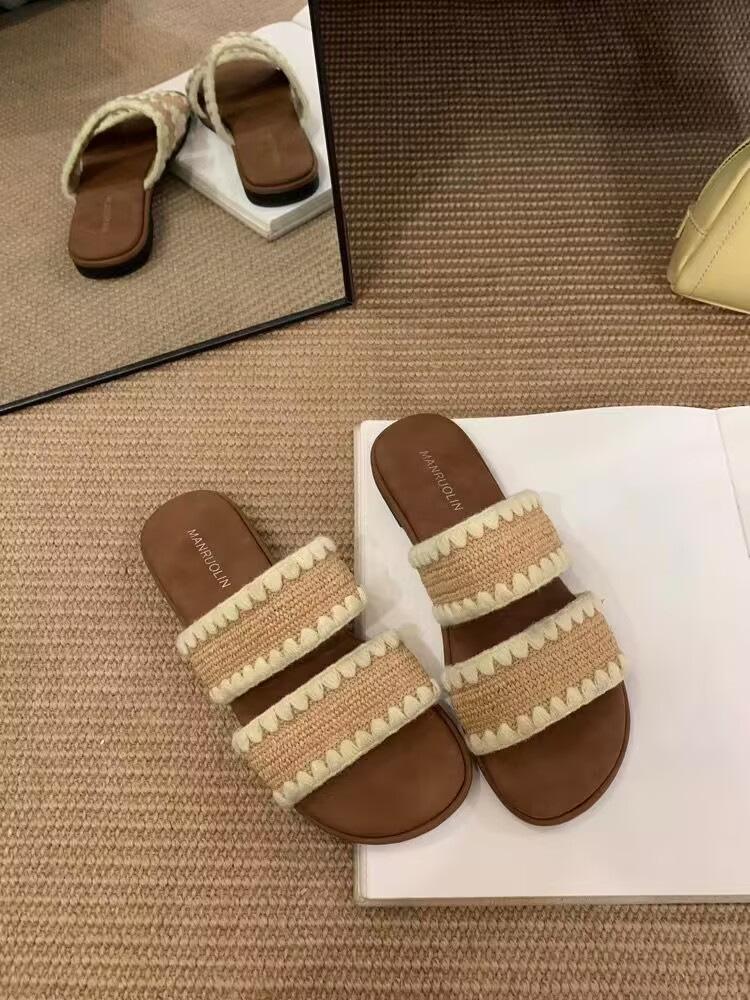 

Ethnic style woven cross-strapped open-toed flat-bottomed slippers for women s summer wear Bohemian seaside vacation beach sandals 35