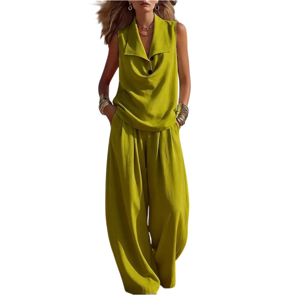 Women's Two Piece Set Sleeveless Collar Top and Wide Leg Pants Casual Loose Fit Outfit Suitable for Daily Wear and Relaxed Occasions