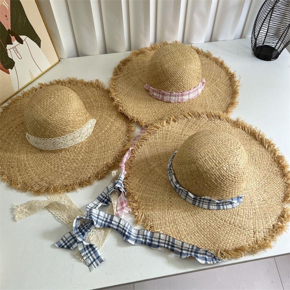 UV Protection Beach Hat Ribbon Weave Straw Cap Casual Sun Protection Cap  Vacation