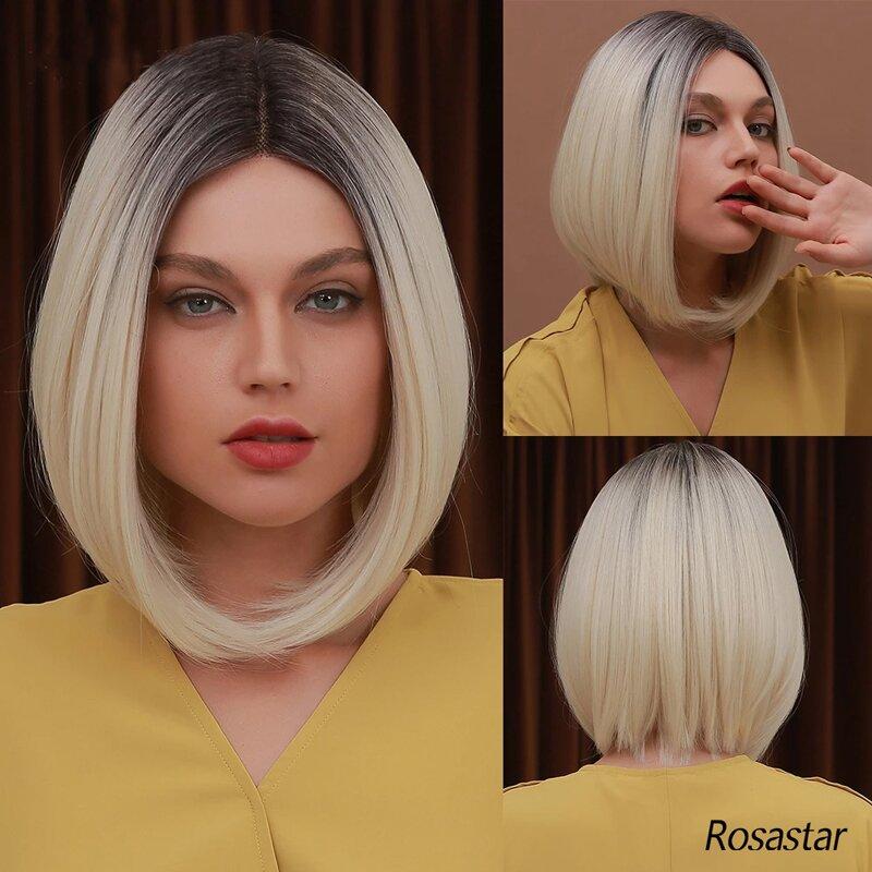 Synthetische kurze Ombre-Perücke von dunkler Wurzel bis Weinrot, gerade, 34 cm, Bob-Haarperücke für Frauen, natürlich aussehend, für den täglichen Gebrauch oder als Cosplay-Perücke