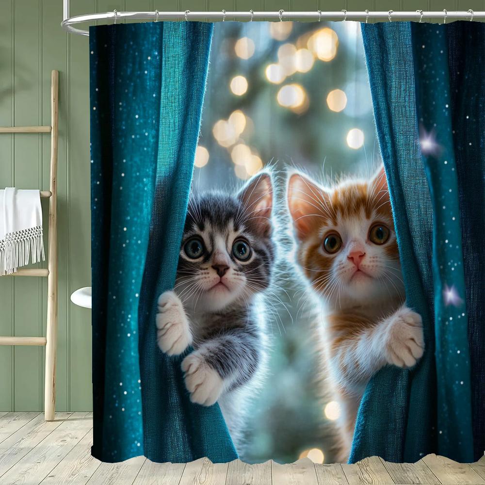 1pc Cute Cat Shower Curtain,Modern Printed Cartoon Animal Dog Bathroom Curtain,Home Polyester Decoration Curtain With Hooks