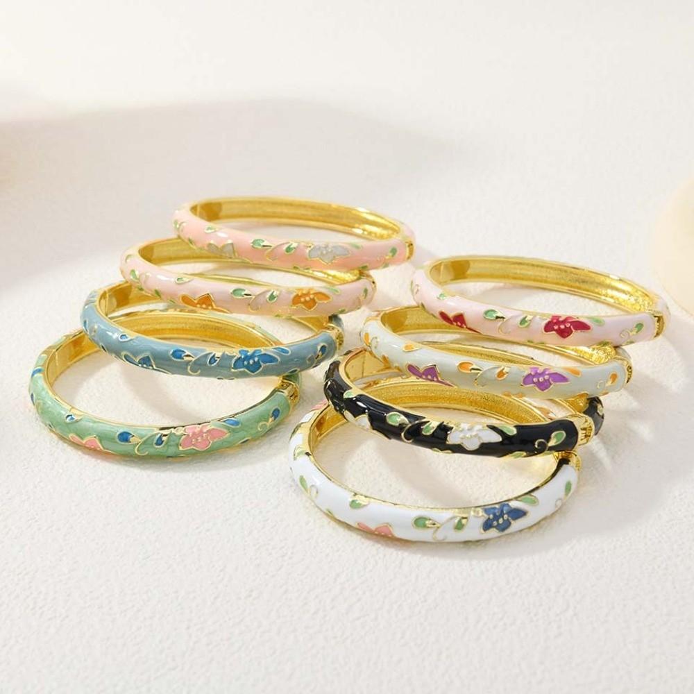 Enamel Floral Chinese Flower Bangle Peony with Leaf Women's Hand Bracelet Girls