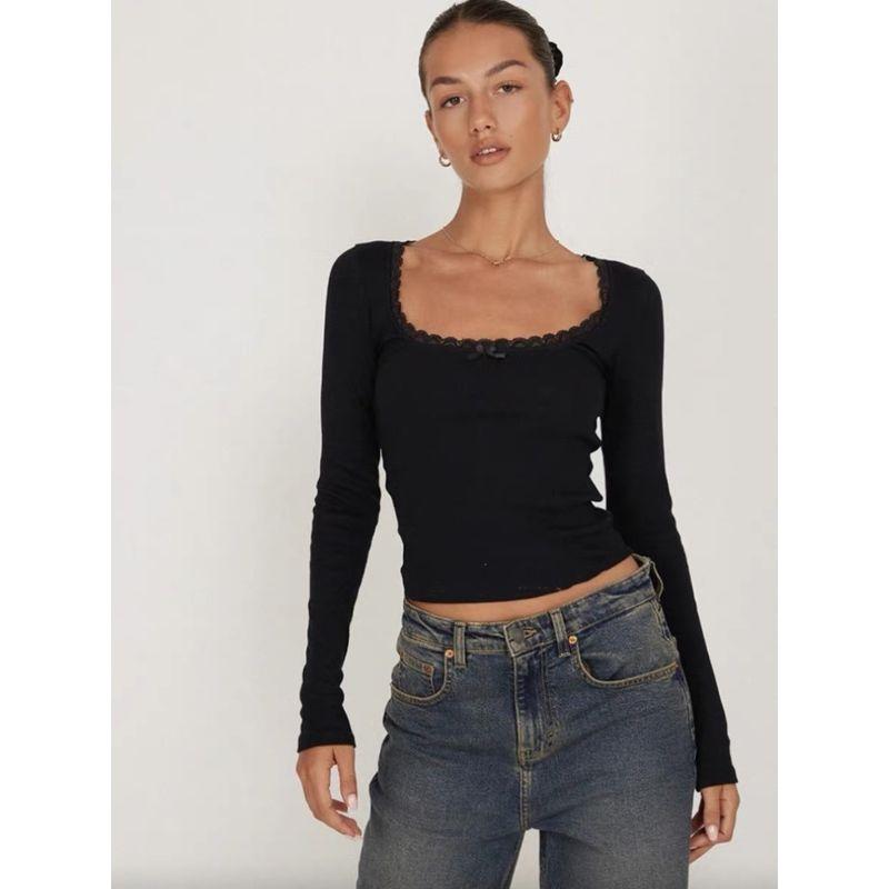 

@ Export Multi-Color Lace Edge Bows BM Style Chest Display Big U-Neck Long Sleeves Tops C686 baby Blue (flaw S