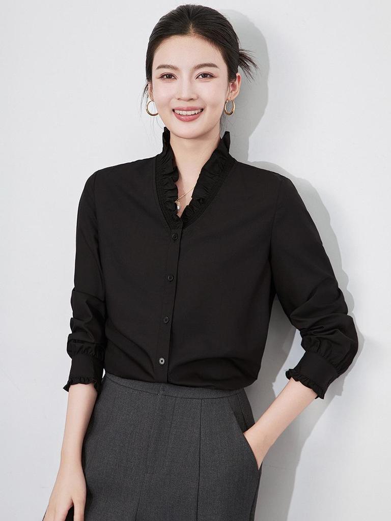 High-End Exquisite V-Neck Ruffle Edge Lace Sleeve Women's Autumn/Winter Top