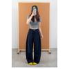 Women Curved Leg Pants High Waist Loose Wide Leg Cargo Pants Rivet Solid Color