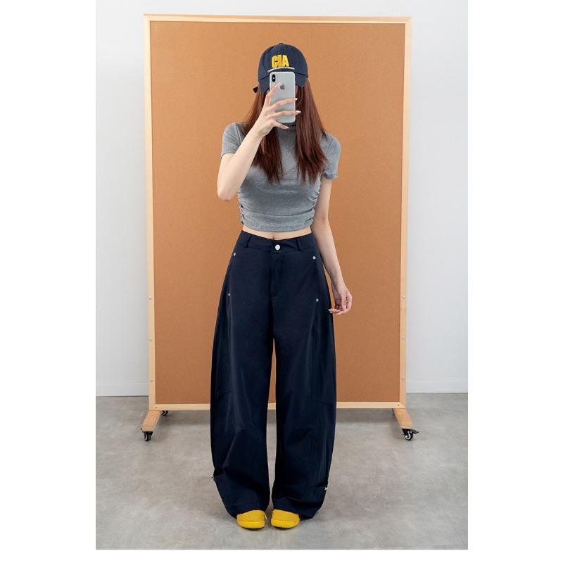 Women Curved Leg Pants High Waist Loose Wide Leg Cargo Pants Rivet Solid Color