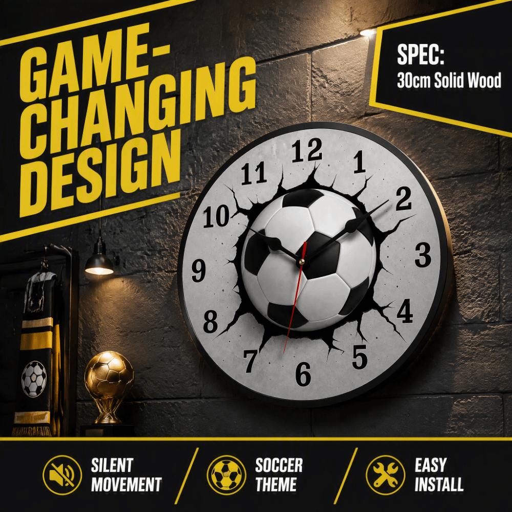 Silent Football-Themed Wooden Clock Solid Wood Soccer Quartz Clock Round Wall Clock  Kitchen