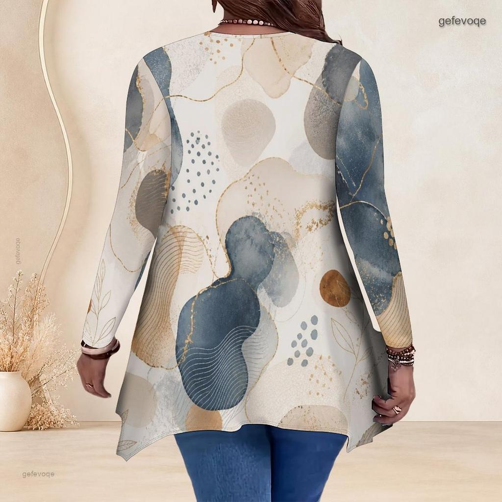 Women Plus Size V Neck Long Sleeve Abstract Leaf Print Irregular Hem Tunic Top