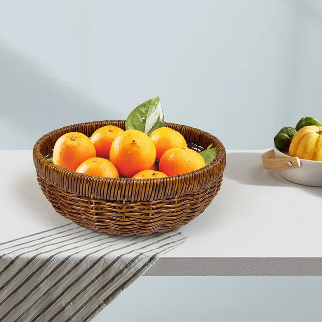 Round Rattan Style Storage Basket For Fruit Snack Bread In Living Room Kitchen