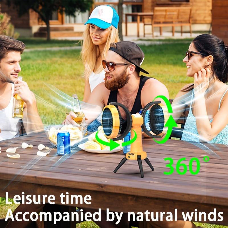 Dual Head Oscillating Outdoor Fan with Built-In Power Bank, Adjustable Speeds Brightness,360° Rotation,Hangable Design for Camping,Picnics,Camping Fan