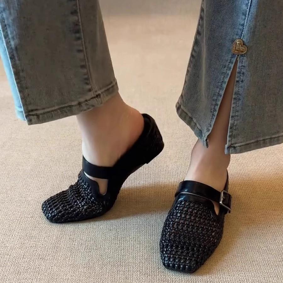 Sheepskin version~ French woven holiday slope heel bag head cool slippers women wear one pedal belt buckle muller shoes