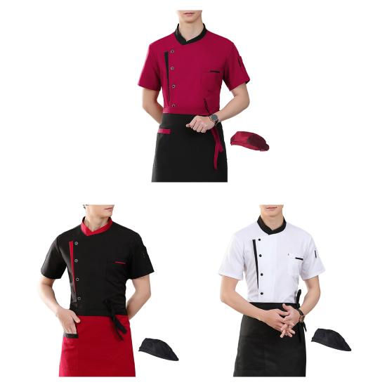 Chef Uniform Apron Hat Set Stand Collar Short Sleeve Chef Apparel with Multi-Pocket Design Patchwork Color Kitchen Staff Clothing