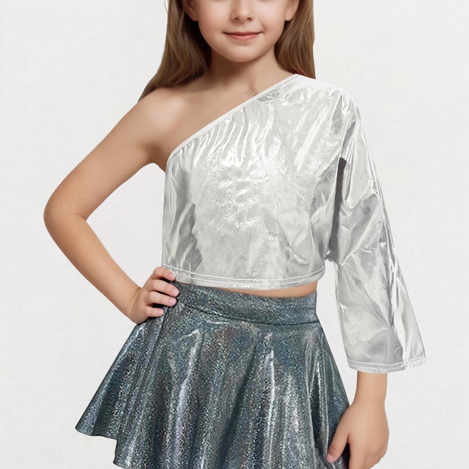 

Жіночі одноплечі сорочки Вечірні блискучі короткі топи Топи з довгим рукавом 140 срібний