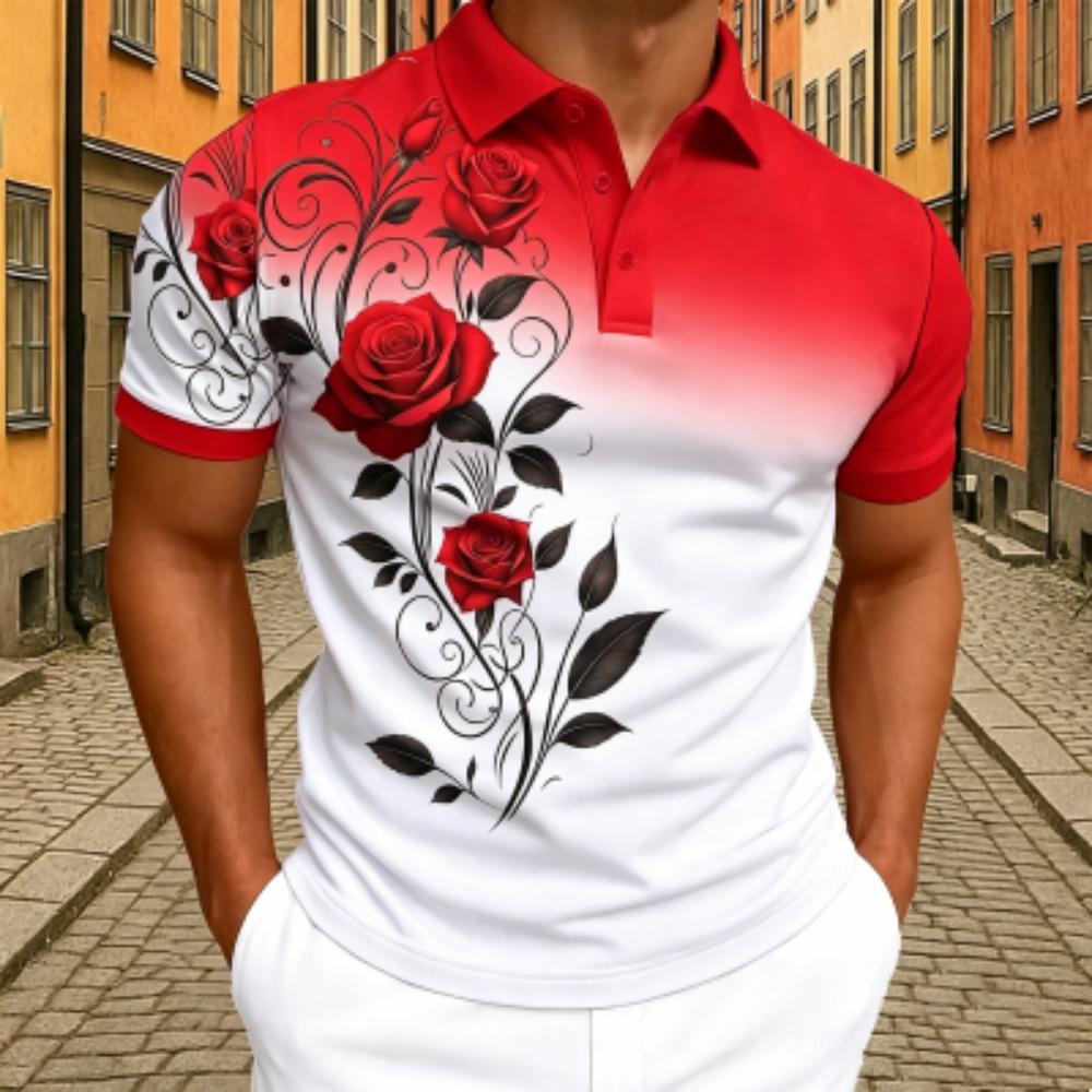 Elegant Rose Floral Print Polo Shirt Men's Outdoor Street Short Sleeve Tees Top Summer Home Casual T-shirt Men's and Women's Polo Shirt