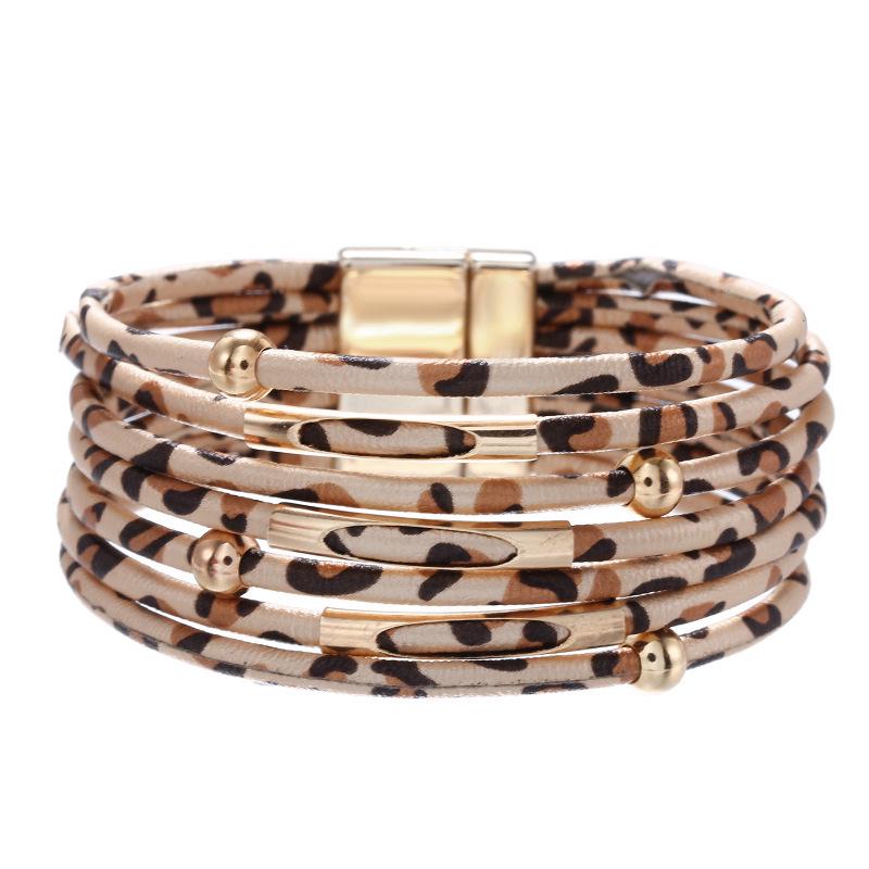 Leopard Print Magnetic Buckle Leather Bracelet: Alloy Beaded Cord with Copper Tube