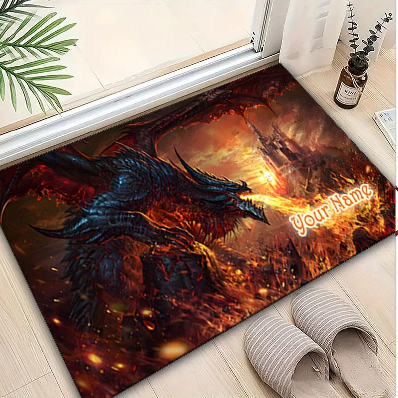 1PC Custom Name "Dragon's Fiery Castle" Theme Floor Mat Ideal for Living Room, Game Rooms, Office, Bedroom,Floor Mat Playful Design