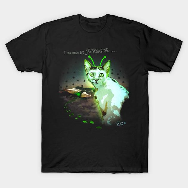 

Men Black Print T-shirt Zoe The Alien... I Come In Peace. Collaboration With @Oreoeocat No-Cut Transfer Paper Print Cotton Tshirt S чорний