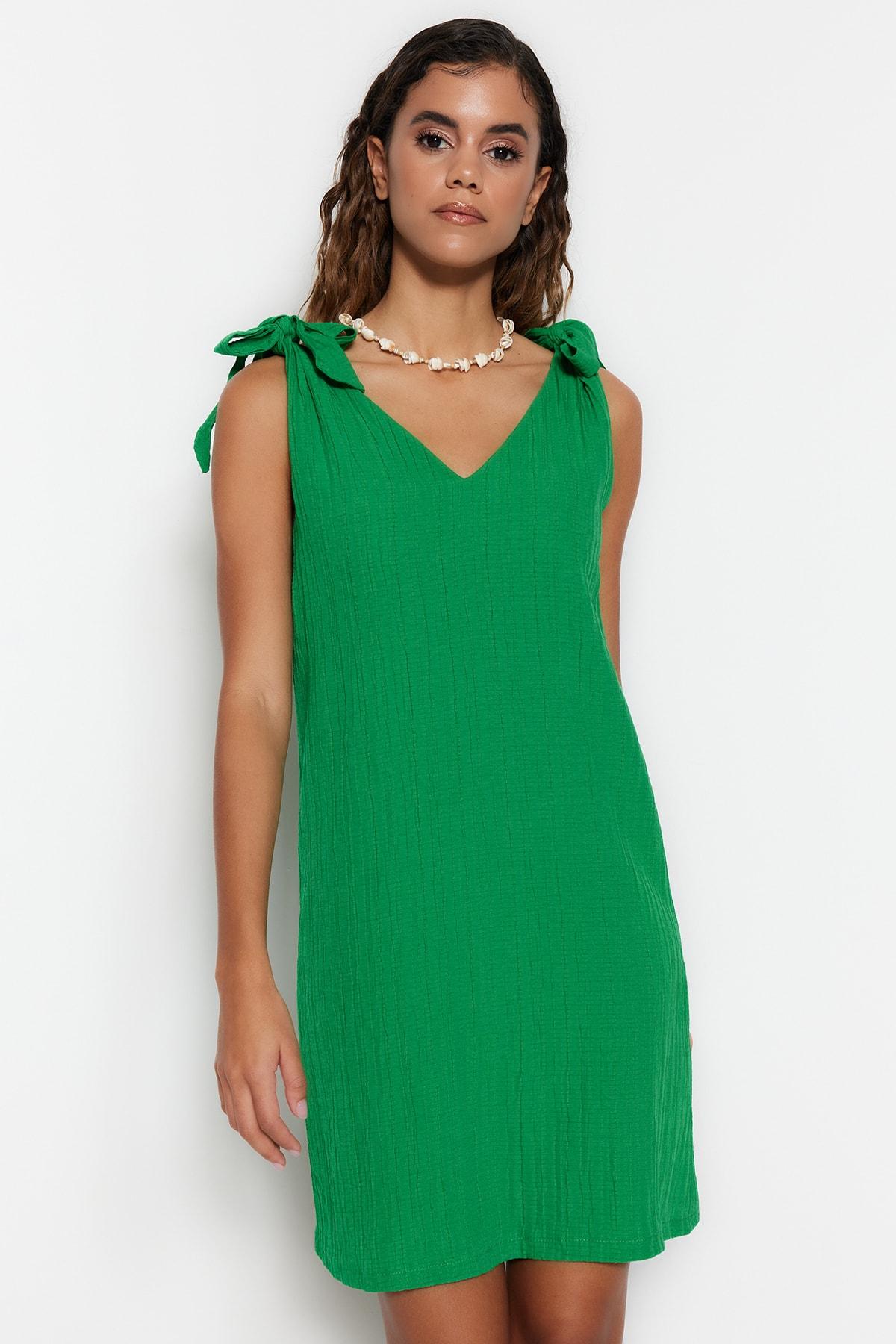 

Women s Fashion Green Mini Woven Tie-Up Beach Dress XS