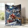 Cozy Flannel Christmas Blanket with Santa & Reindeer Print Train Scene - Soft, Warm, Reversible Throw for Sofa, Bed, Camping