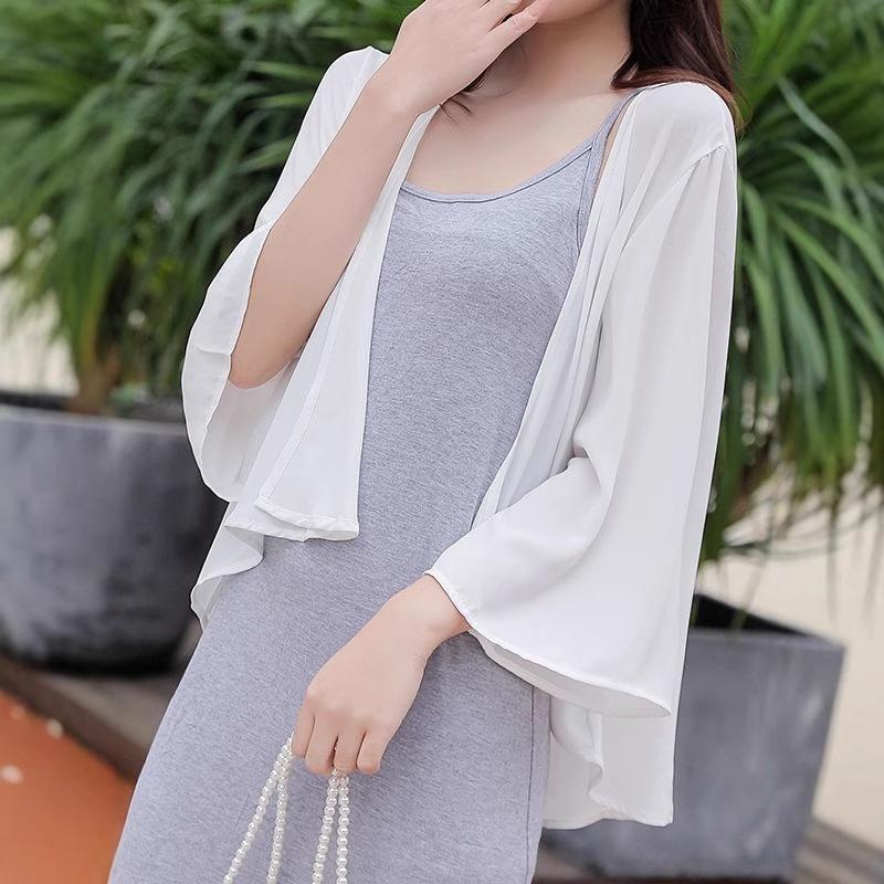 WTEMPO Women Chiffon Shirt 3/4 Sleeve Tie Front V-Neck Lightweight Sun Protection Shirt Casual Summer Beach Cover Up