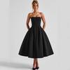 Women's Strapless Sleeveless Slim High Waist Pleated A Line Midi Dress Party Dress