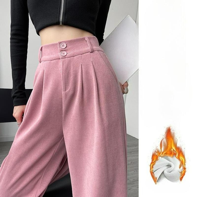 Coffee Color Corduroy Wide-leg Pants Women's Autumn and Winter Plus Velvet Small Narrow Straight Drape Suit Pants