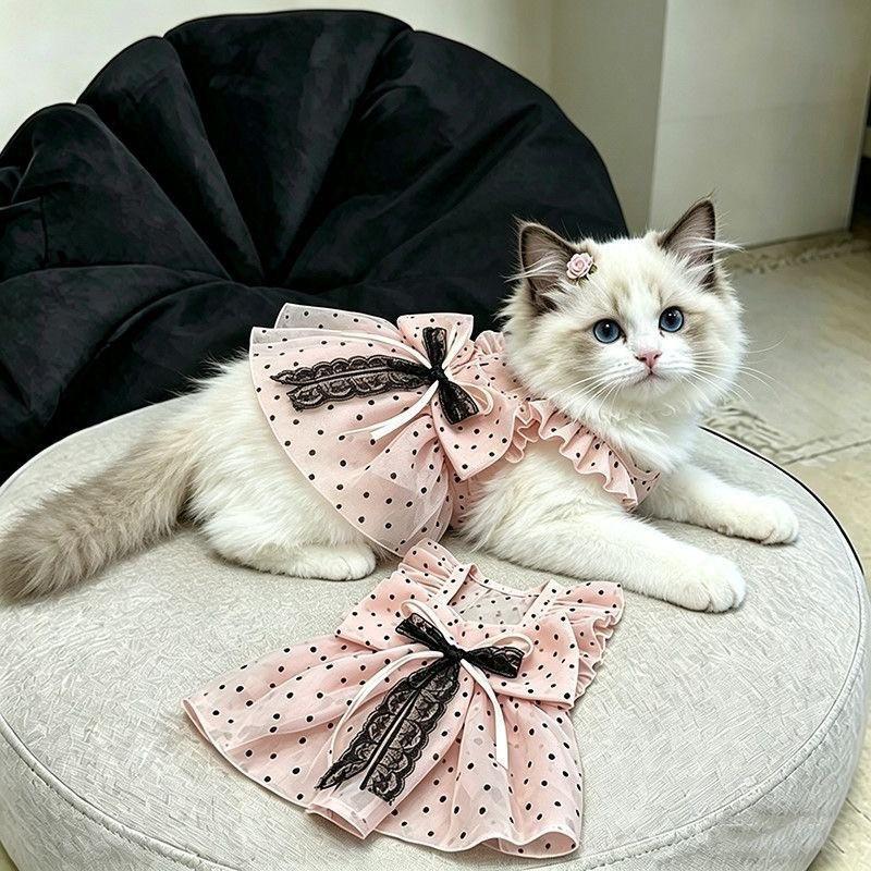 Breathable Sun Protection Princess Dress Cats - Polka Dot Pet Clothing Golden Tabby Orange