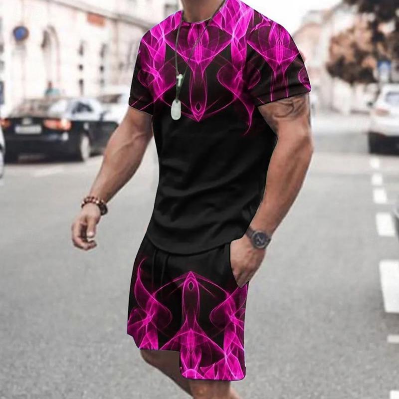 Men's 3D Print 2pcs Tees Sets Summer Tops Short Sleeve Short Pants Crew Neck