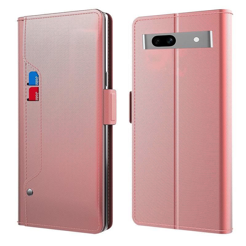 

For Google Pixel 7a Phone Stand Case Card Holder Leather Phone Cover with Mirror Design Rose Gold
