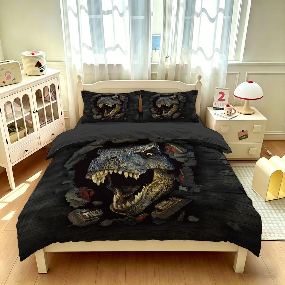 Dinosaur Skull Fossil Duvet Cover Set 3 Piece Dark T-Rex Skeleton Print Bedding Set Gothic with Pillowcases Boys Room