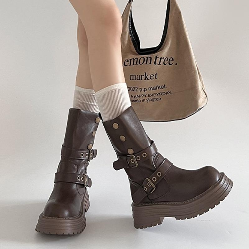 2025 New Vintage Thick Bottom Woman Knee High Boots Fashion Belt Buckle Zippers Shoes Female Knight Long Boots Shoes