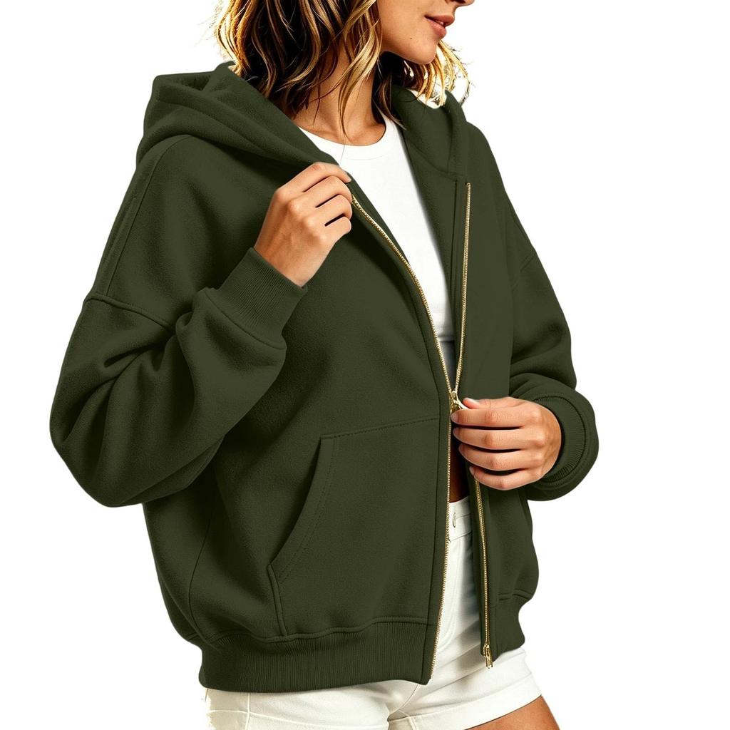 Women's Casual Hooded Zip-Up Sweatshirt Color Cardigan Jacket with Zippers
