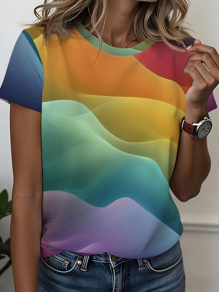 Rainbow wave printed short-sleeved T-shirt, round neck, fashionable casual style, top for women,