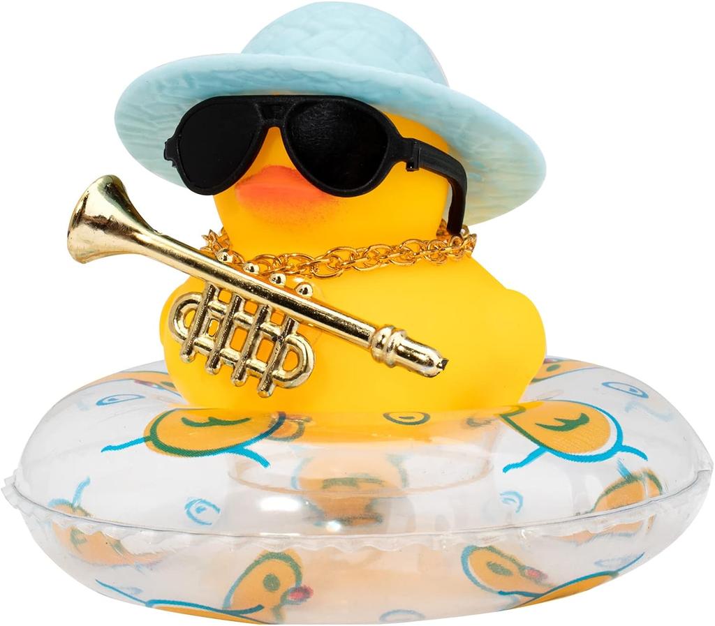 Car Duck Ornament Dashboard Decorations For Car Rubber Accessories With Sunglasses Hat Necklace Swim Ring And Mini Musical Instr