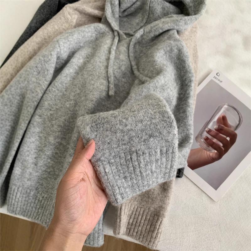 Grey wool knit hoodie women's thermal hooded sweater