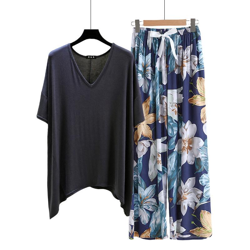 irregular Tshirt and floral wide leg pants summer women's casual pajamas sets Short sleeve homewear suit Loose lightweight Loungwear Plus size