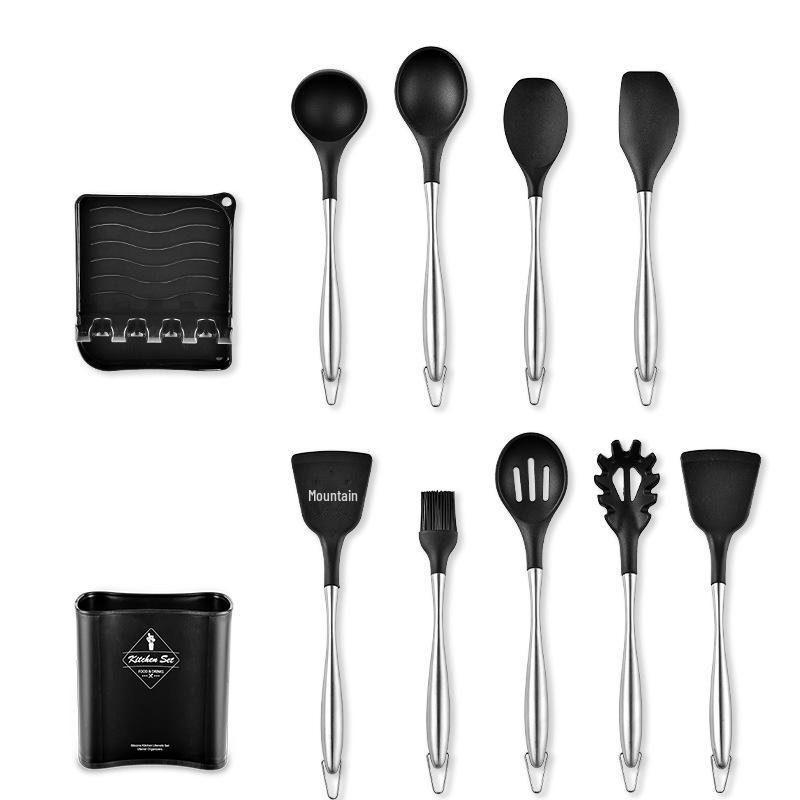 12-Piece Stainless Steel & Silicone Kitchen Utensil Set with Storage Bucket: Spatula, Spoon, Whisk Set
