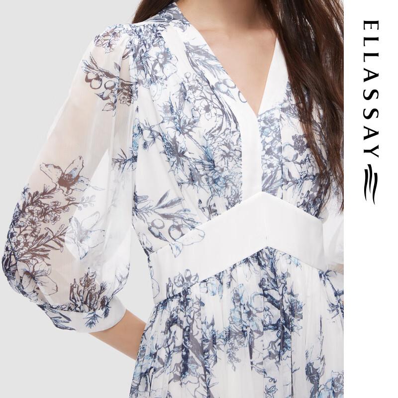 ELLASSAY 2024 Autumn V-Neck Watercolor Ink Print Dress