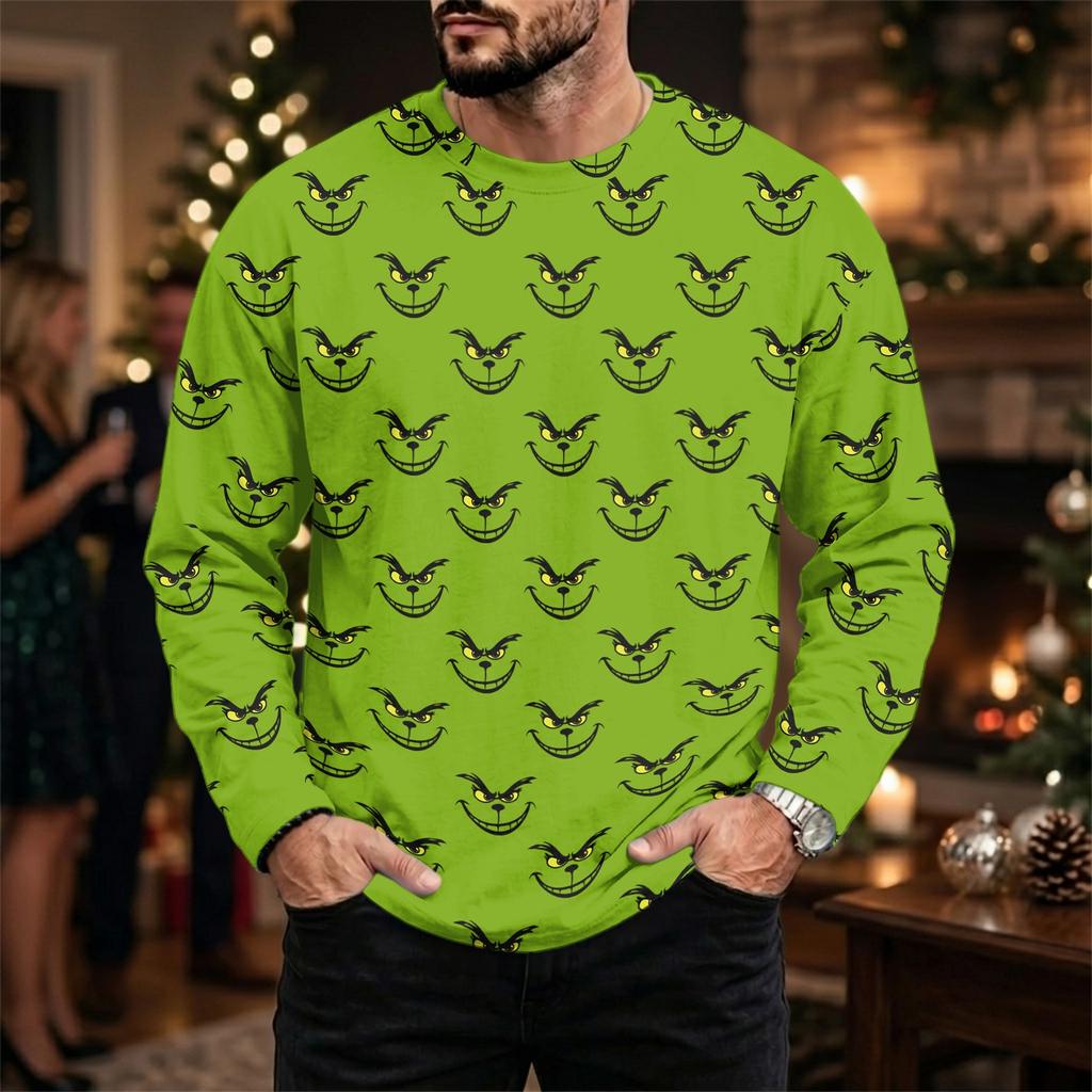Men's Casual Loose Fit Long Sleeve Neck Tee with Christmas Print for Fall Winter