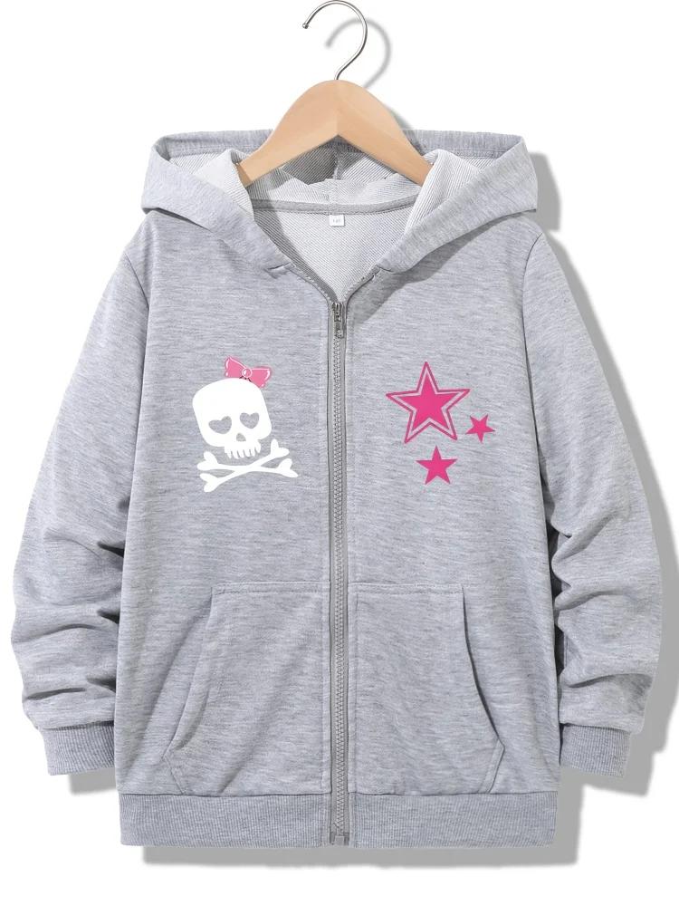 Girls Full Zip Hooded Sweatshirt Heart Eye Skull With Bow And Three Pink Stars Print Loose Daily Outerwear With Front Pocket