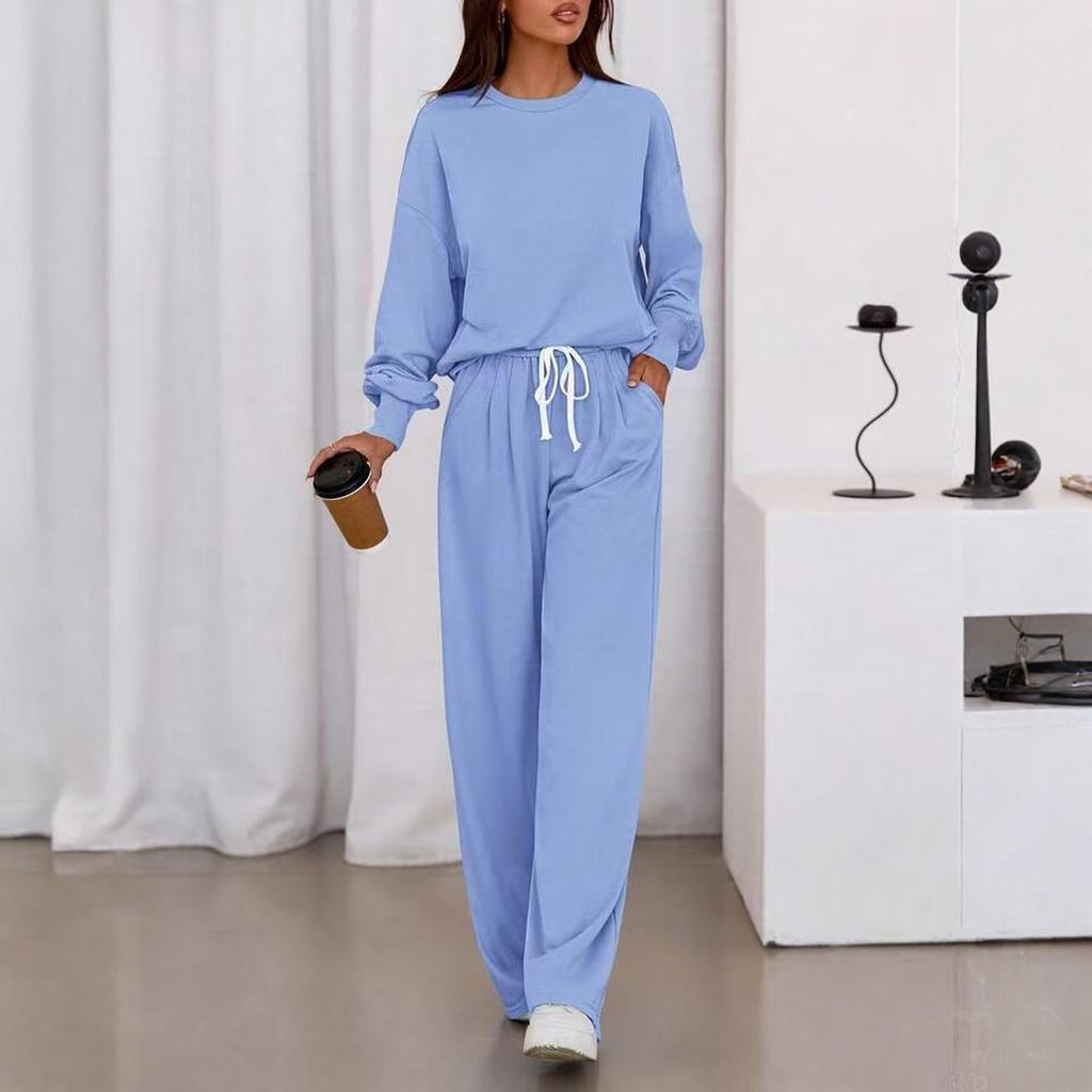 Fashion Women's Casual Suit Long Sleeved Casual Wide Leg Pants Set