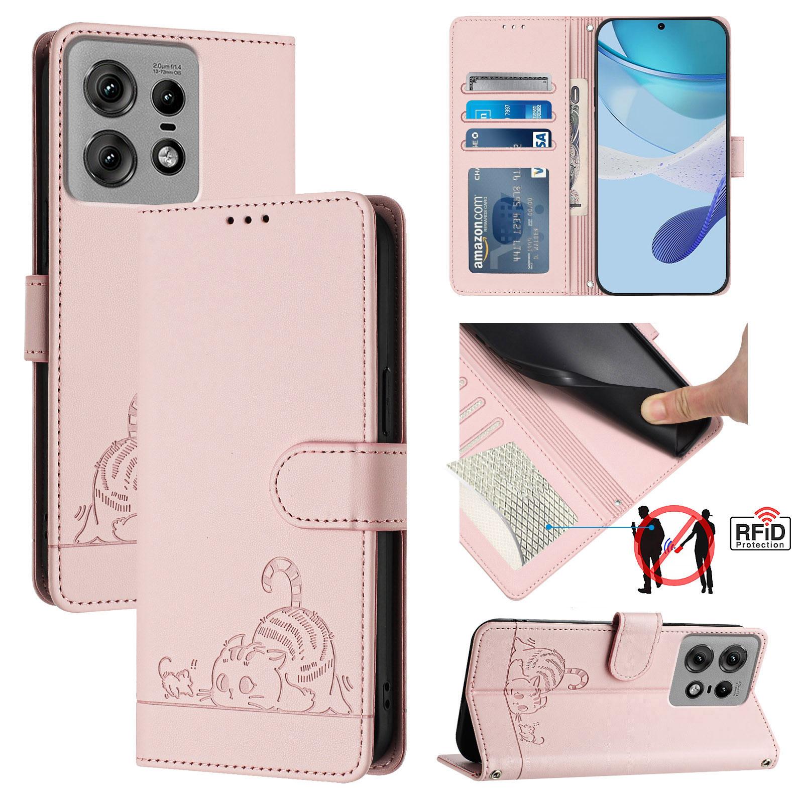 

For Motorola Edge 50 Pro 5G Case with Strap RFID Blocking Leather Wallet Phone Cover Cat Mouse Pattern Pink