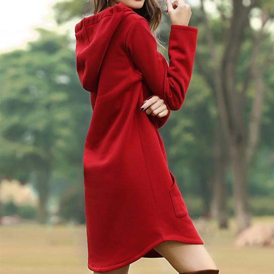 Long Hoodie Solid Color Drawstring Autumn Winter Large Pocket Irregular Hem Hooded Dress for Daily Wear